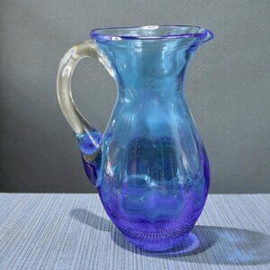 Vintage Blue Hand Blown Glass Mini Pitcher Vase Jug With Clear Handle Glassware